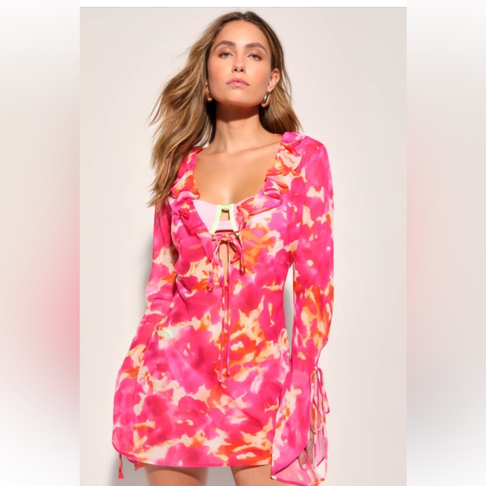 Sandy and Stunning Hot Pink Abstract Print Sheer Cover Up